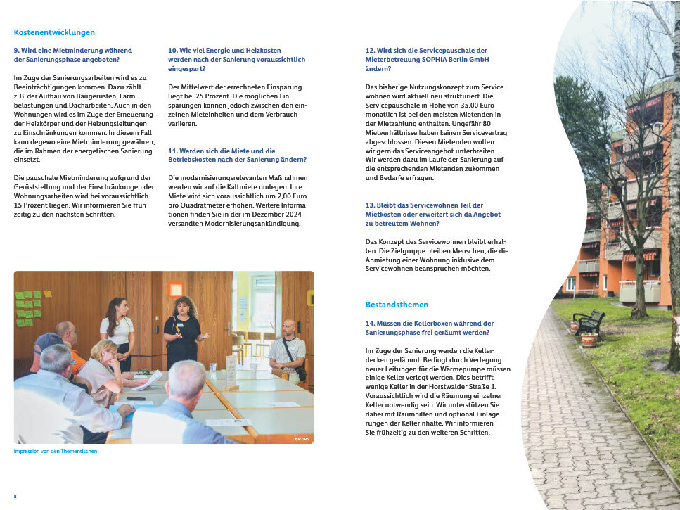 Broschürenseite mit Informationen zu Kostenentwicklungen, möglichen Mietänderungen, Energieeinsparungen sowie Servicewohnen im Zusammenhang mit der Sanierung.