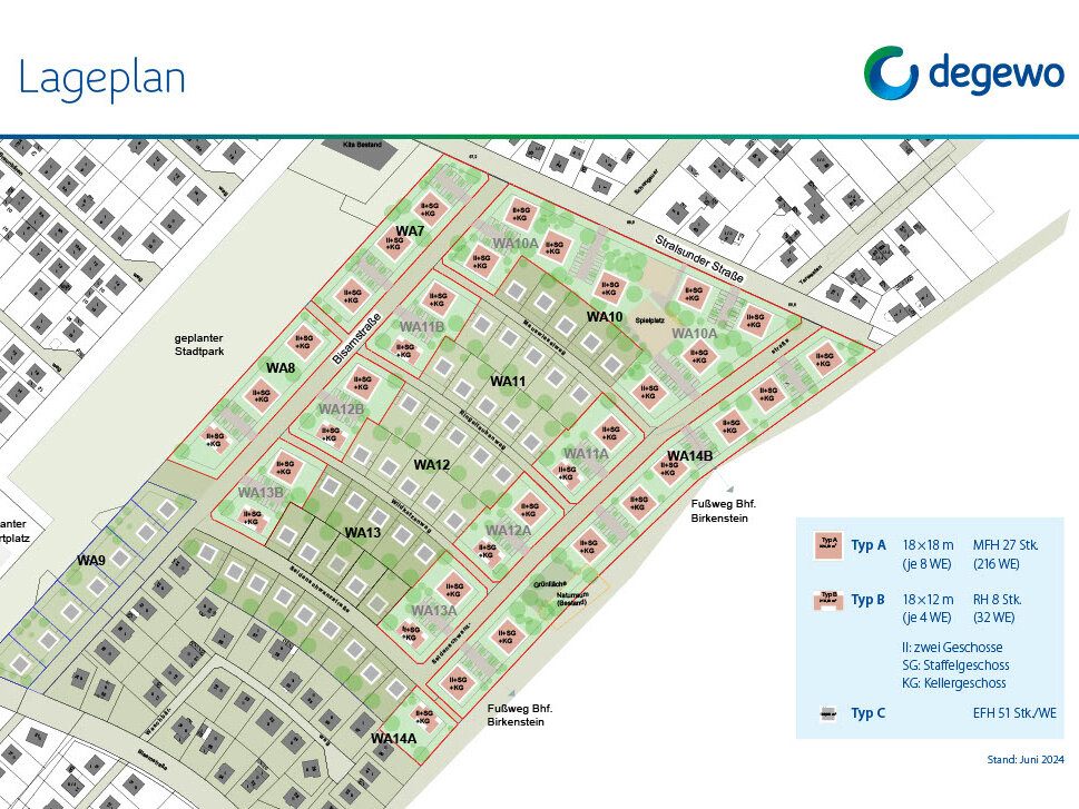 Übersichtlicher Lageplan des Neubaugebiets an der Bisamstraße mit geplanten Wohnfeldern, Grünflächen, Wegen sowie angrenzenden Straßen und Bestandsbebauung.
