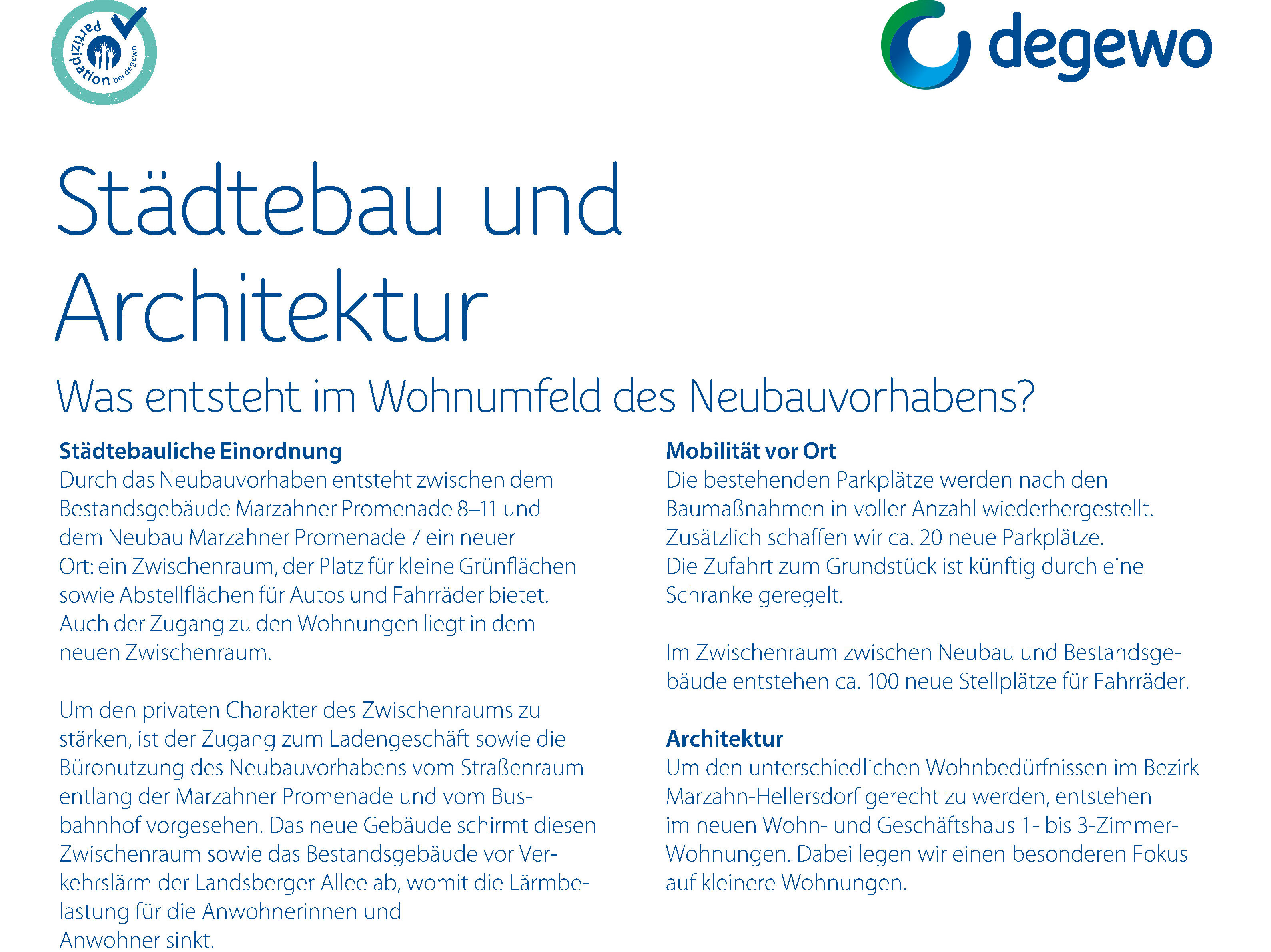 Plakat „Städtebau und Architektur“ mit Darstellung der Gebäudeanordnung, Zugänge und Mobilitätskonzept.