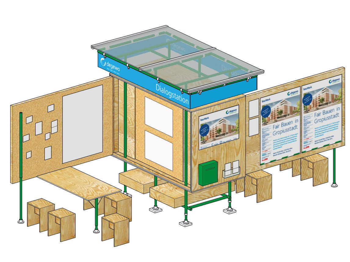 Grafik in einer Bildergalerie zeigen die degewo-Dialogstation im augeklapptem Werkstattmodus.