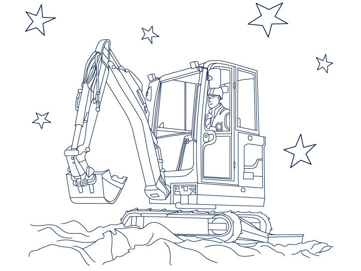 Illustration eines Baggers auf einer Baustelle mit der Überschrift „Baggern in der Bisamstraße“. Das Bild dient als Ausmalbild für Kinder im Rahmen der Beteiligung.