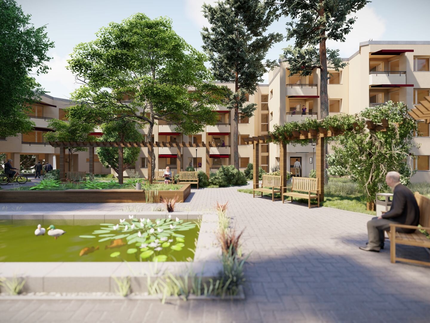 Visualisierung eines zukünftigen Innenhofs mit Sitzbänken, Pergolen, Teich und Grünflächen. Menschen nutzen die Bereiche zum Sitzen, Spazieren und Radfahren.