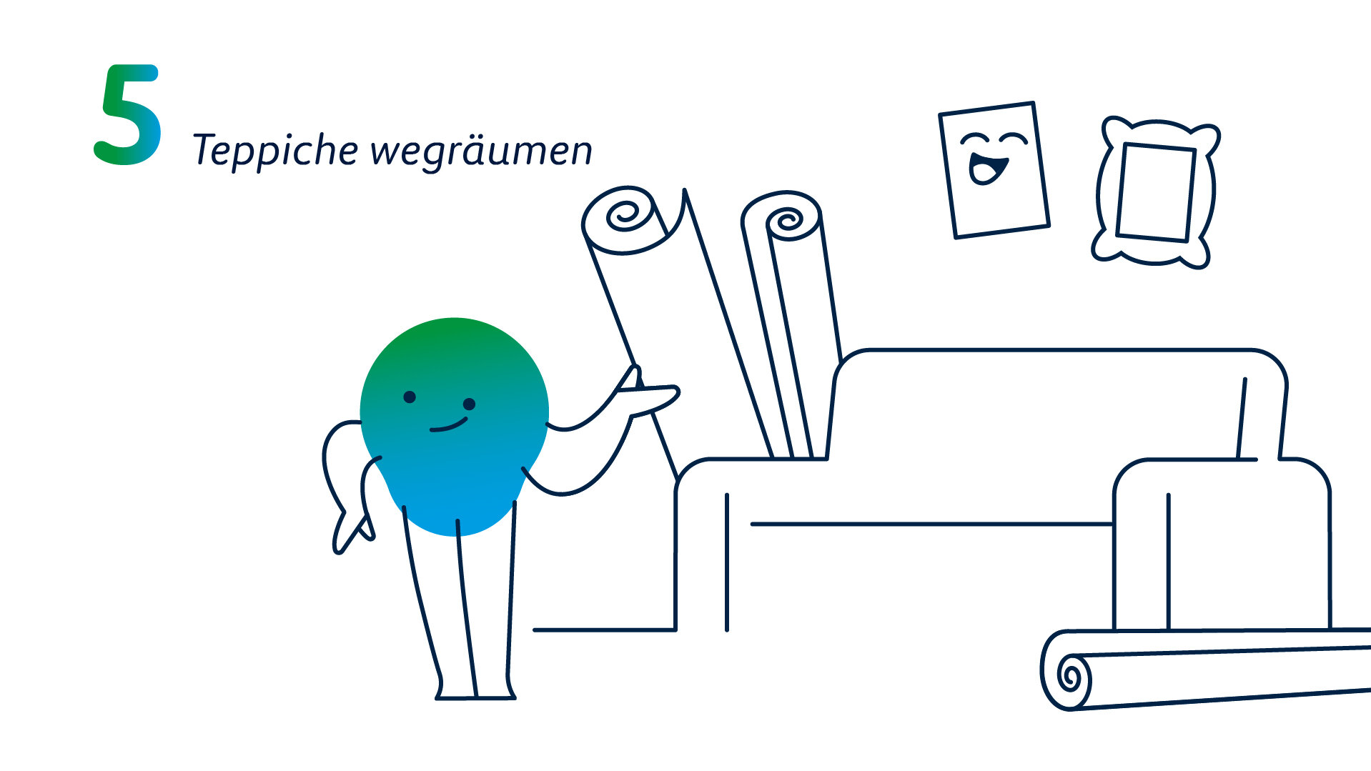 Grafik zu „Teppiche wegräumen“. Die Maskottchen legt einen zusammengerollte Teppiche weg.