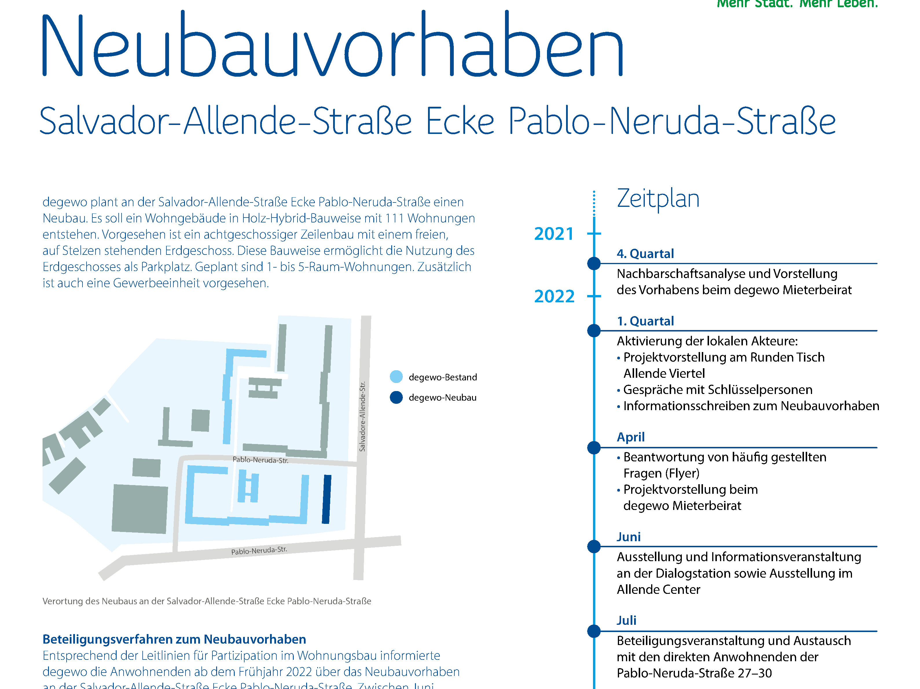 Informationsplakat zum Neubauvorhaben Salvador-Allende-Straße Ecke Pablo-Neruda-Straße mit Projektbeschreibung, Lageplan und Zeitachse des Beteiligungsverfahrens.