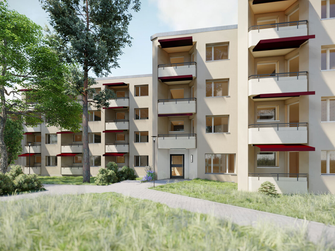 Visualisierung der Fassade eines mehrgeschossigen Wohngebäudes mit Balkonen, roten Markisen, Eingangsbereich und umliegenden Grünflächen.