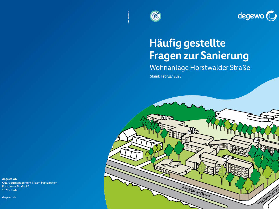 Titel- und Umschlagseite der Broschüre „Häufig gestellte Fragen zur Sanierung – Wohnanlage Horstwalder Straße“, mit grafischer Quartiersillustration und Angaben zu Stand Februar 2025.