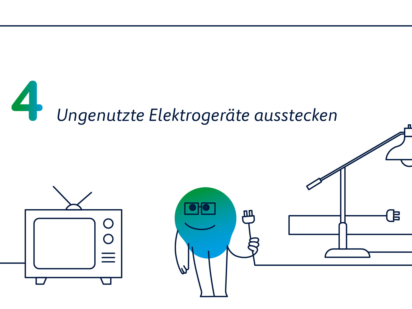 Illustration zu „Ungenutzte Elektrogeräte ausstecken“. Eine Erkläfigur hält einen Stecker zwischen einem Fernseher und einer Lampe.