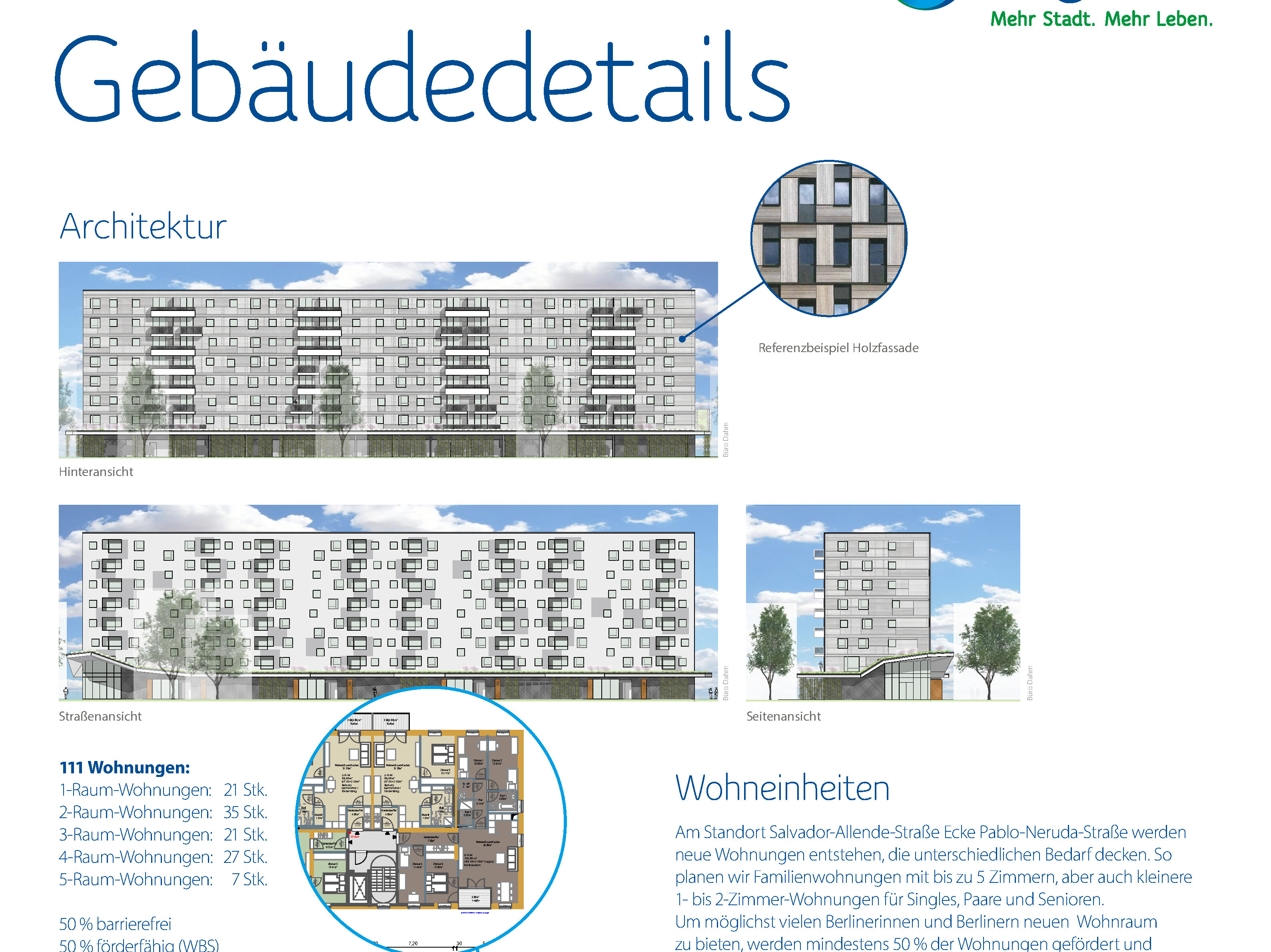 Plakat „Gebäudedetails“ mit Ansichten des geplanten Wohngebäudes, Wohnungsgrundrissen, Angaben zu 111 Wohnungen und Erläuterungen zur Holz-Hybrid-Bauweise.