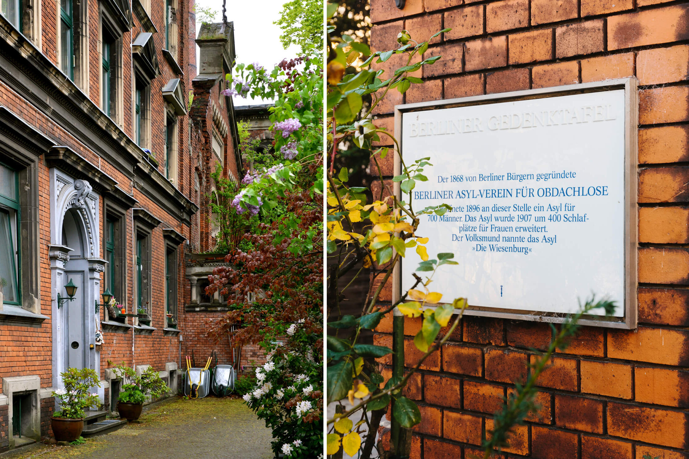 Zwei Bilder nebeneinander. Links: Blick in den Innenhof eines Backsteingebäudes. Im Innenhof stehen Pflanzenkübel und Schubkarren. Rechts: Eine Gedenktafel an einer Backsteinfassade mit einer Aufschrift, die an die Geschichte der Wiesenburg erinnert. Davor ranken Pflanzen.