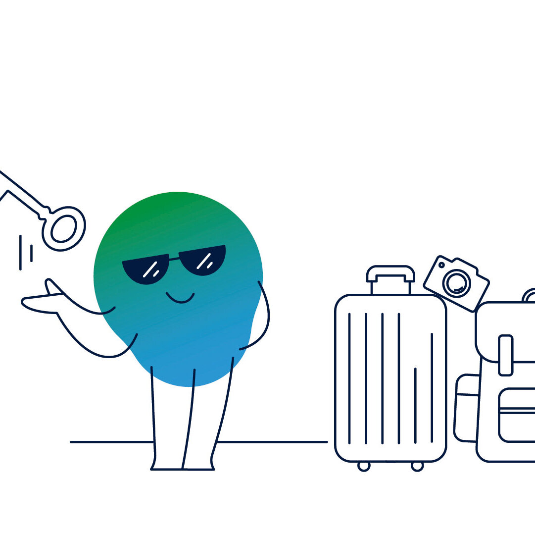 Illustration der Erklärfigur Kalle. Er steht vor vielem Gepäck, trägt Sonnenbrille. Über ihm ist ein Schlüssel eingeblendet.