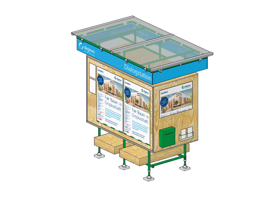 Grafik in einer Bildergalerie zeigen die degewo-Dialogstation im eingeklapptem Werkstattmodus.