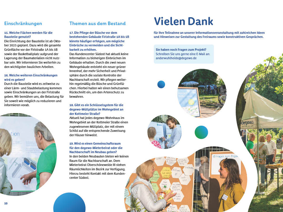 Gestaltete Broschürenseite mit der Überschrift „Vielen Dank“. Die Seite fasst die Ergebnisse der Informationsveranstaltung zusammen und zeigt mehrere Fotos von Gesprächen und Beteiligungsformaten vor Ort.