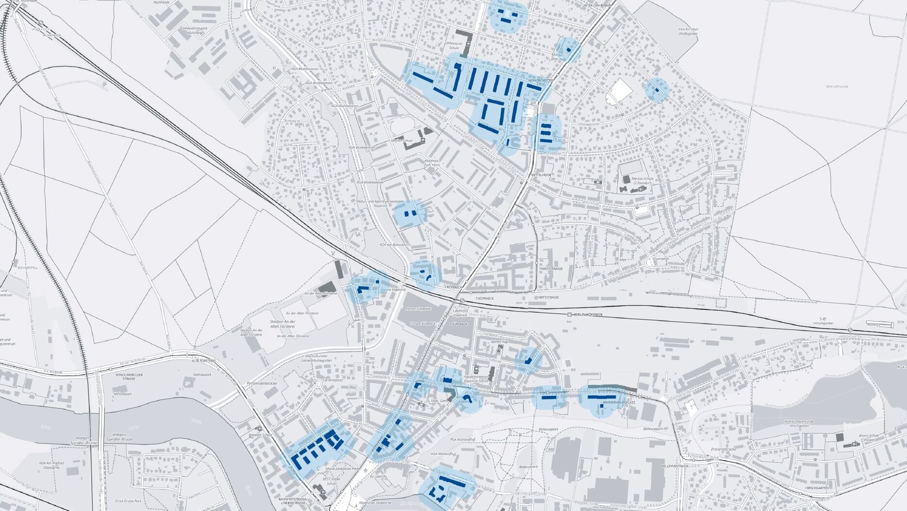Kartenansicht des degewo-Quartiers Dammvorstadt-Köpenick Nord mit farblich eingesetzten Wohnungsbeständen
