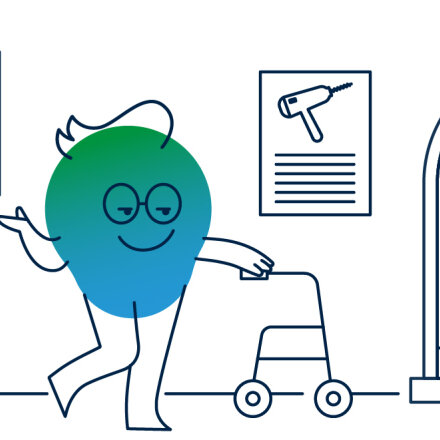 Illustration der Erklärfigur Kalle, wie er mit einem Rollator durch den Hausflur geht und durch eine Tür mit einer Schwelle gelangen muss.