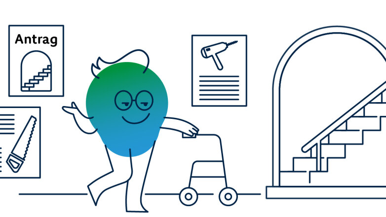 Illustration der Erklärfigur Kalle, wie er mit einem Rollator durch den Hausflur geht und durch eine Tür mit einer Schwelle gelangen muss.