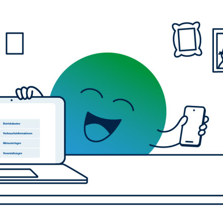 Illustration der degewo-Erklärfigur Kalle zum Thema Serviceportal. Kalle sitzt vor einem Laptop, auf dem das Serviceportal zu sehen ist. Er hält ein Handy in der Hand. nd Skateboard fährt. Kalle verweist auf die Hausordnung am Aushang.