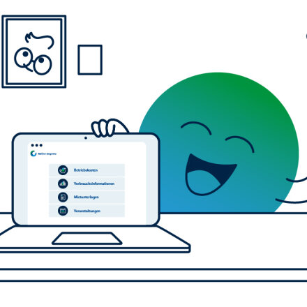 Illustration der degewo-Erklärfigur Kalle zum Thema Serviceportal. Kalle sitzt vor einem Laptop, auf dem das Serviceportal zu sehen ist. Er hält ein Handy in der Hand. nd Skateboard fährt. Kalle verweist auf die Hausordnung am Aushang.