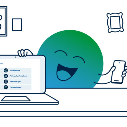 Illustration der degewo-Erklärfigur Kalle zum Thema Serviceportal. Kalle sitzt vor einem Laptop, auf dem das Serviceportal zu sehen ist. Er hält ein Handy in der Hand. nd Skateboard fährt. Kalle verweist auf die Hausordnung am Aushang.