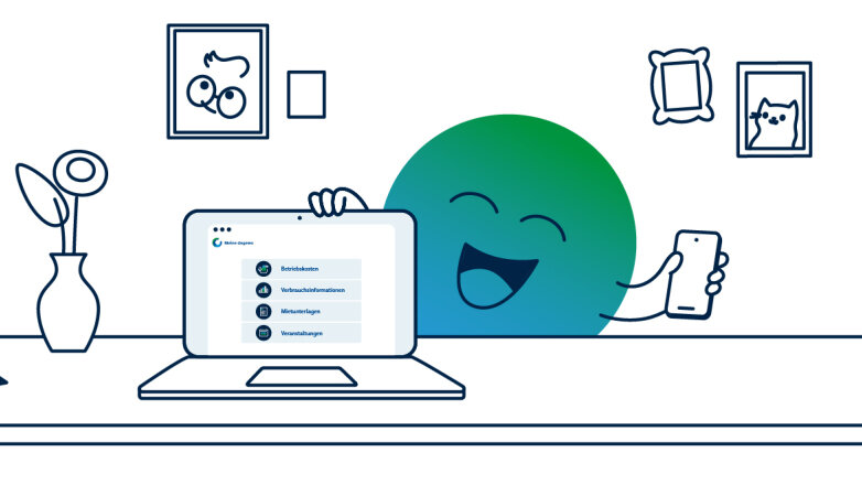 Illustration der degewo-Erklärfigur Kalle zum Thema Serviceportal. Kalle sitzt vor einem Laptop, auf dem das Serviceportal zu sehen ist. Er hält ein Handy in der Hand. nd Skateboard fährt. Kalle verweist auf die Hausordnung am Aushang.