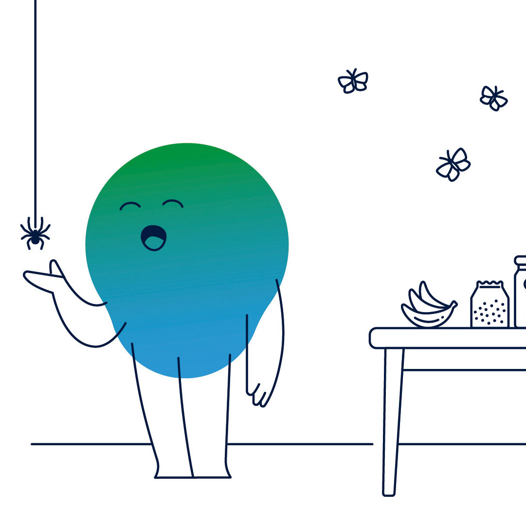 Illustration der Erklärfigur Kalle. Er steht in der Küche, von der Wand kommen Spinnen, es fliegen Schmetterlinge umher. Der Kühlschrank ist offen, es schwirren Fliegen umher.