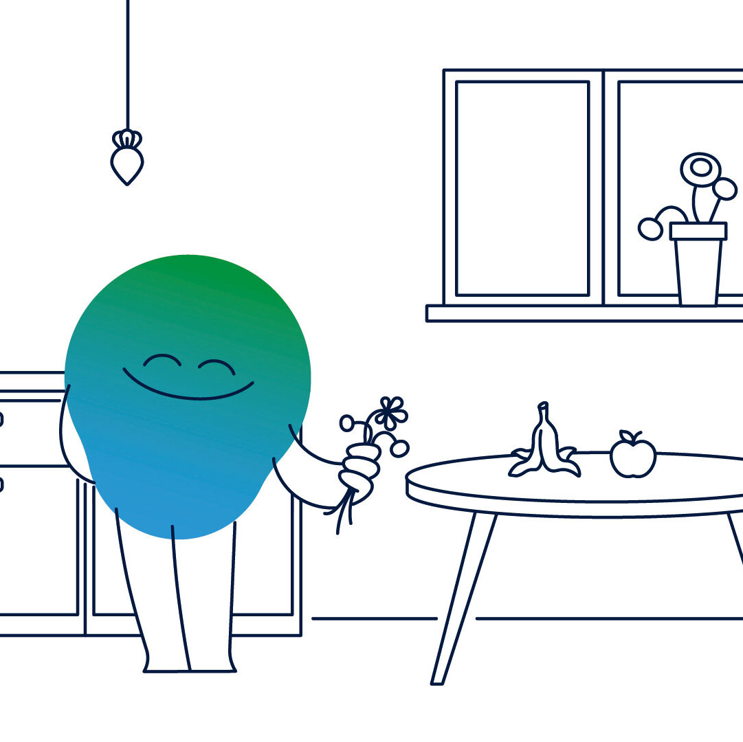 Illustration der Erklärfigur Kalle. Er steht in der Küche, hält verwelckte Blumen in der Hand. Auf dem Tisch liegt ein Apfel und eine Bananenschale.