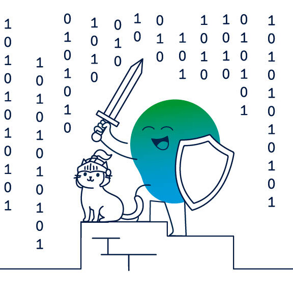 Illustration zum Thema Datenschutz: Eine stilisierte Figur mit Schild und erhobenem Schwert steht auf einem Podest neben einer Katze mit Helm. Im Hintergrund sind zahlreiche Einsen und Nullen als Symbol für digitale Daten dargestellt.