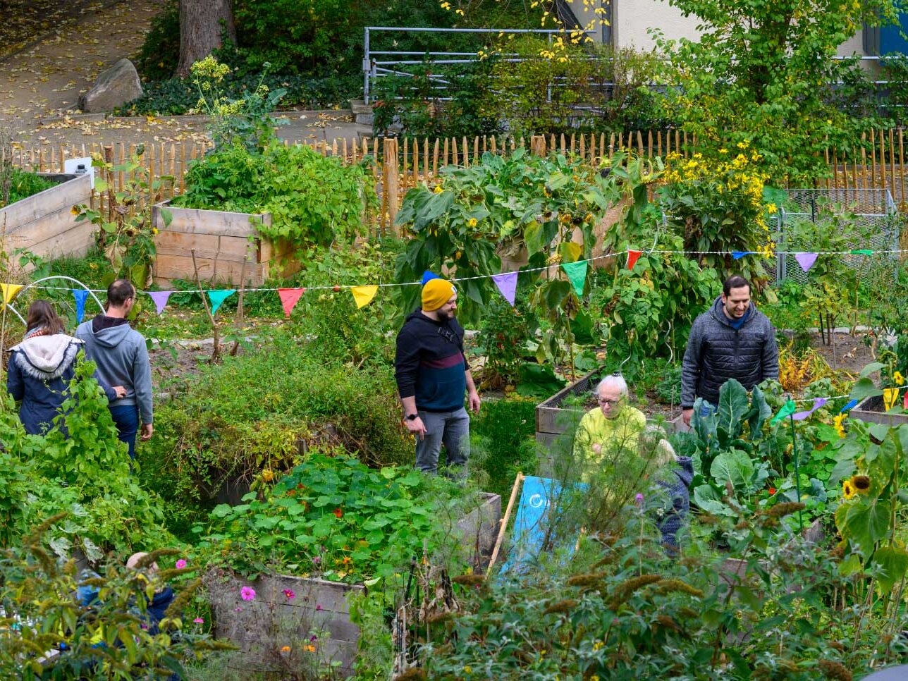 Mieter stehen in einem Garten. Darin blühen unzählige Pflanzen.