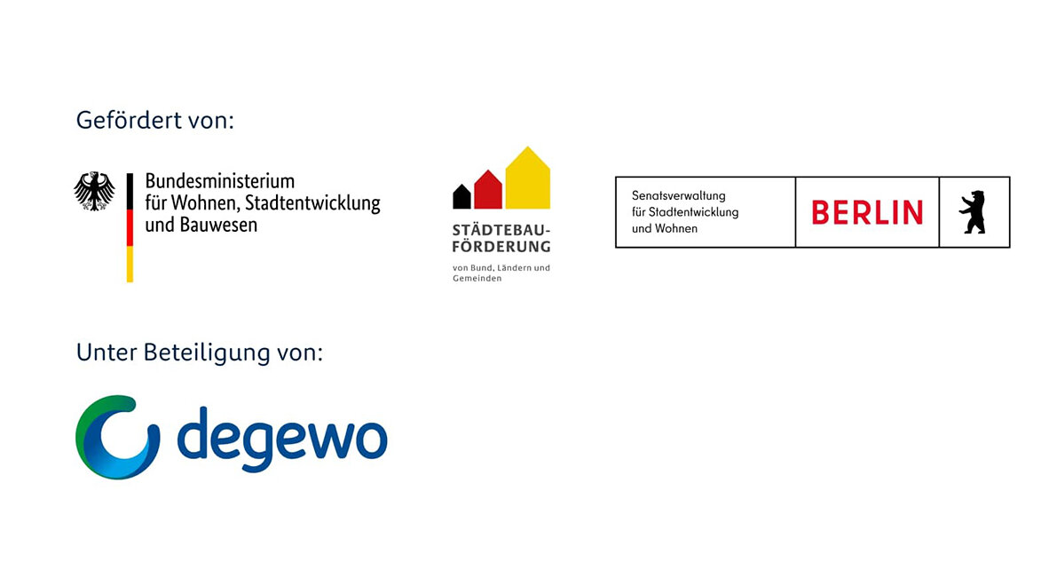 Grafik mit Förder- und Beteiligungslogos: Zu sehen sind die Logos des Bundesministeriums für Wohnen, Stadtentwicklung und Bauwesen, der Städtebauförderung von Bund, Ländern und Gemeinden sowie der Senatsverwaltung für Stadtentwicklung und Wohnen des Landes Berlin. Darunter ist das Logo der degewo als beteiligte Wohnungsbaugesellschaft abgebildet.