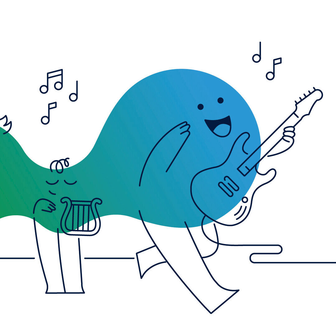 Illustration der Erklärfigur Kalle. Kalle und seine Freunde spielen Instrumente wie Trompete und Gitarre. Die Katze trägt Kopfhörer.