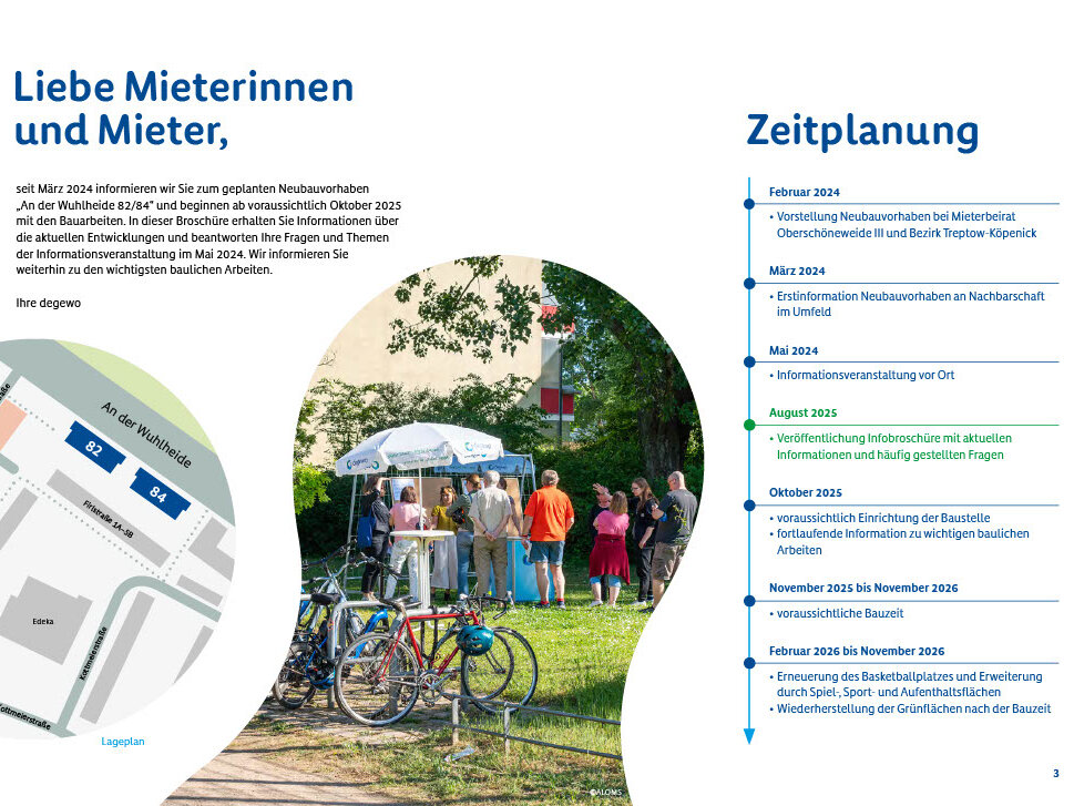 Broschürenseite mit der Anrede „Liebe Mieterinnen und Mieter“. Die Seite informiert über den Projektverlauf, enthält einen Lageplan und zeigt die zeitliche Planung von Information, Baubeginn und Umsetzung.