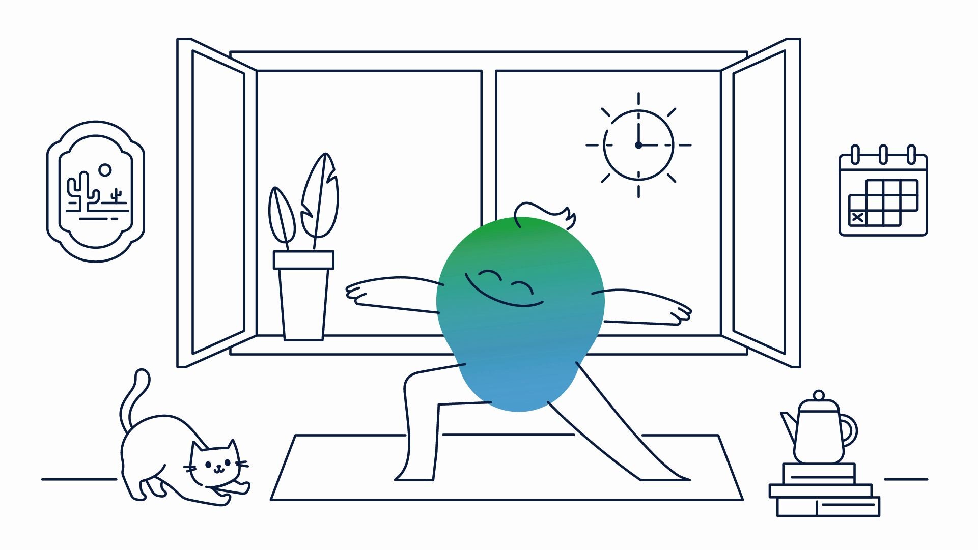 Illustration der degewo Erklärfigur Kalle. Er ist in einer Wohnung und macht vor offenem Fenster Yoga-Übungen. Die Sonne lacht. 