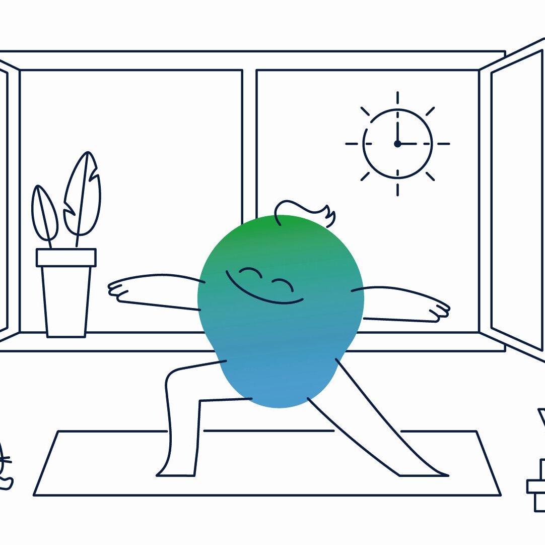 Illustration der degewo Erklärfigur Kalle. Er ist in einer Wohnung und macht vor offenem Fenster Yoga-Übungen. Die Sonne lacht. 