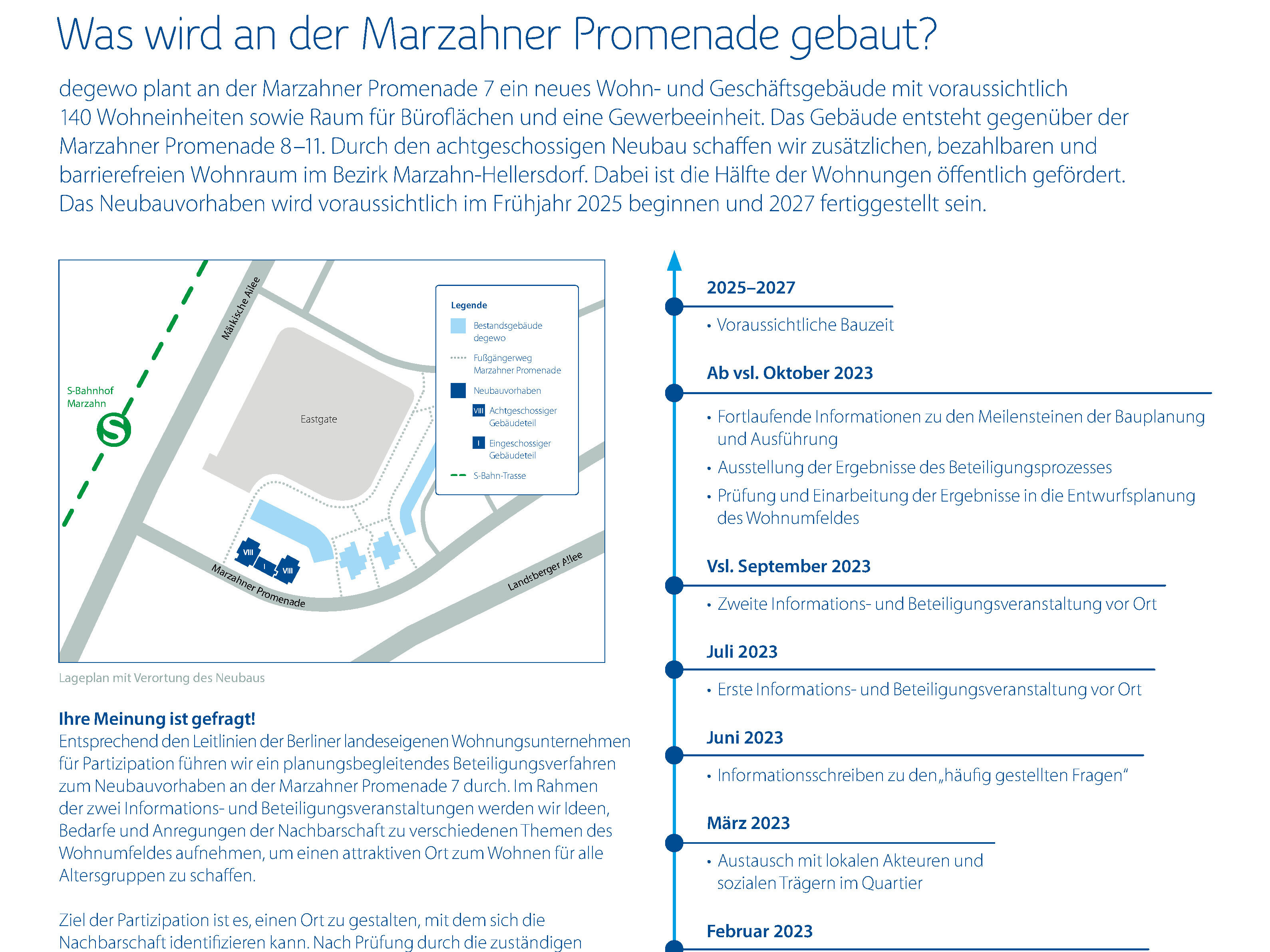 Informationsplakat zum Neubauvorhaben Marzahner Promenade 7 mit Lageplan und Zeitachse des Projekts.