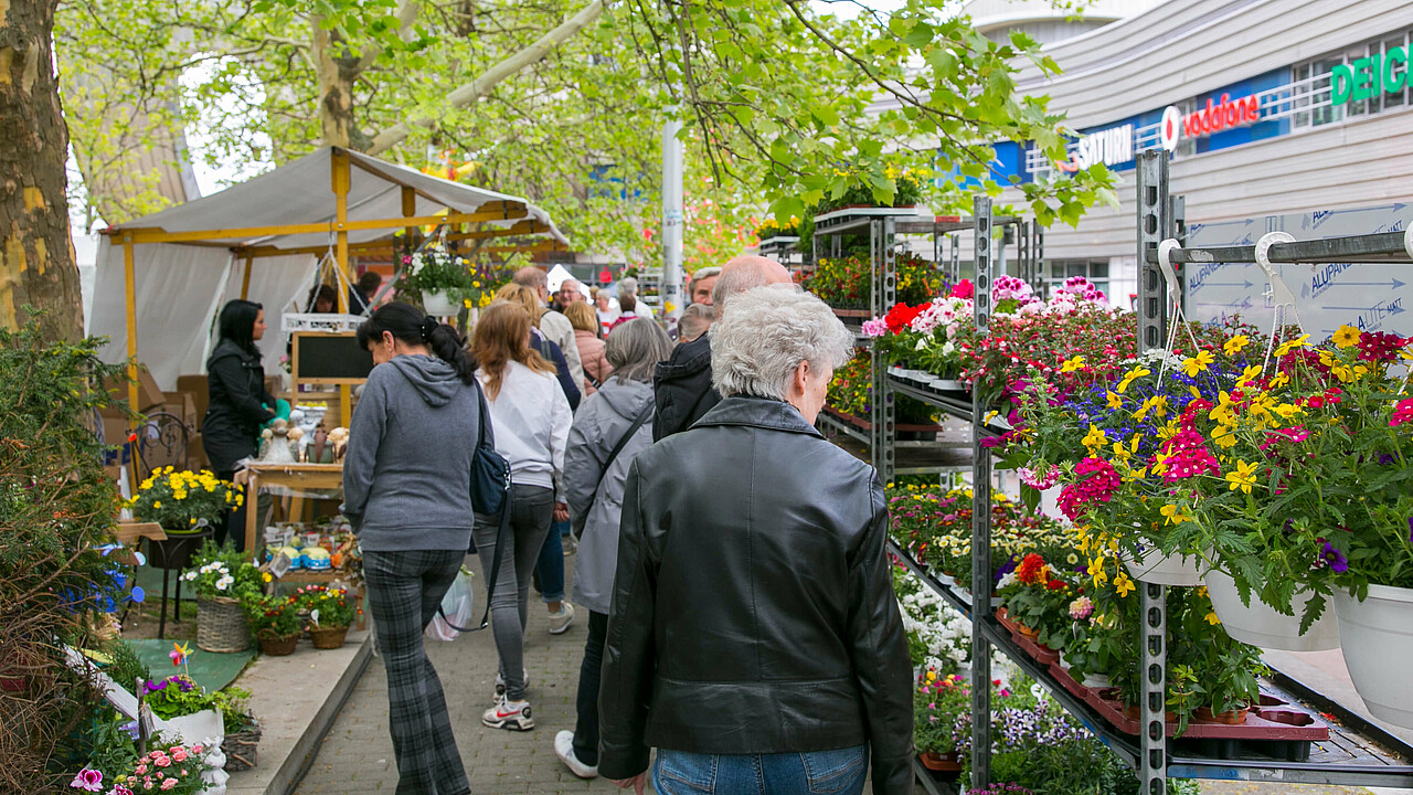 Menschen laufen durch einen Flohmarkt an Blumenstand vorbei.
