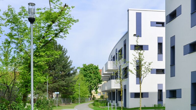 Außenansicht degewo-Neubau Joachimstraße 8 A bis E mit Fliederbüschen, Straßenlaterne, Fahrradständern, Weg und Rasenfläche im Vordergrund.