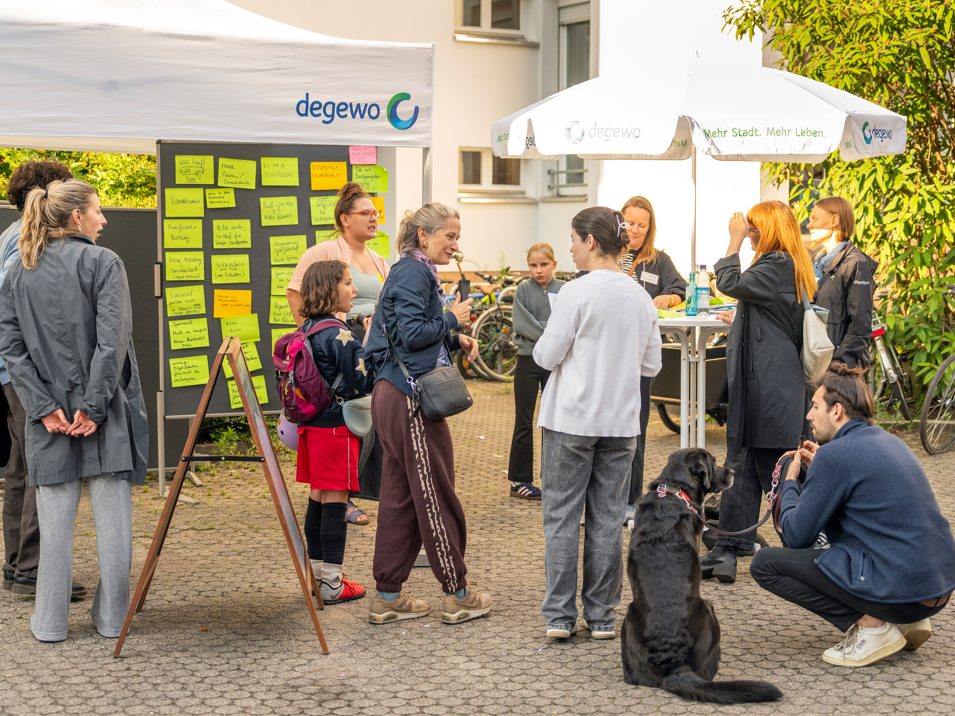 Gut besuchte Beteiligungsveranstaltung im Hof: Bewohnende diskutieren vor einer Pinnwand mit zahlreichen Haftnotizen, im Vordergrund sitzt ein Hund neben seinem Halter.