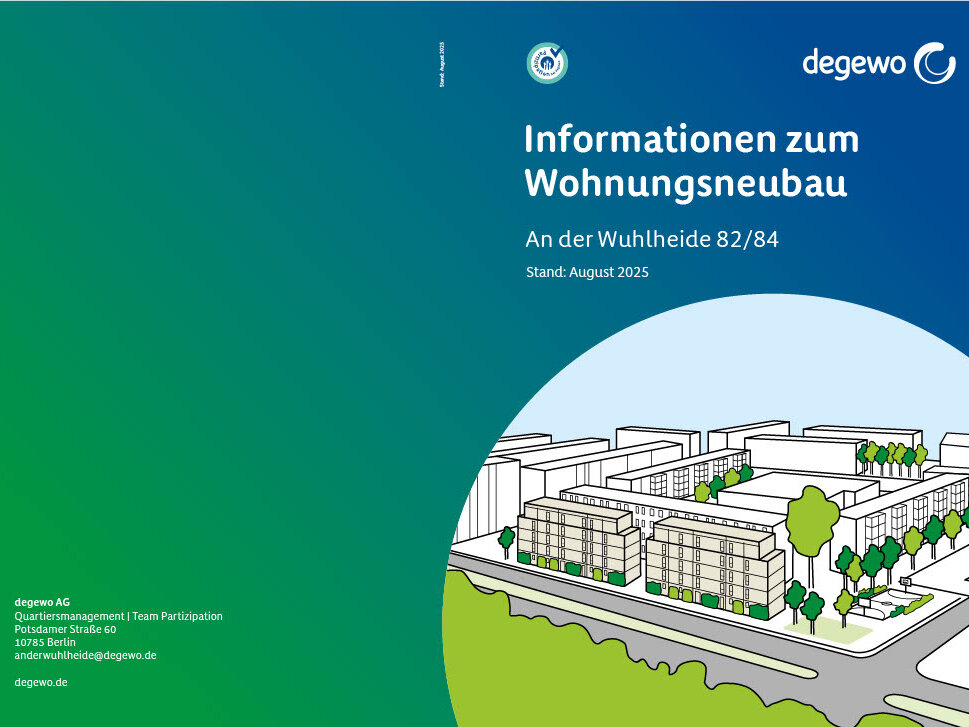 Titelseite der Infobroschüre „Informationen zum Wohnungsneubau an der Wuhlheide 82/84“. Zu sehen ist eine grafische Darstellung des geplanten Wohnquartiers mit Gebäuden und Grünflächen.