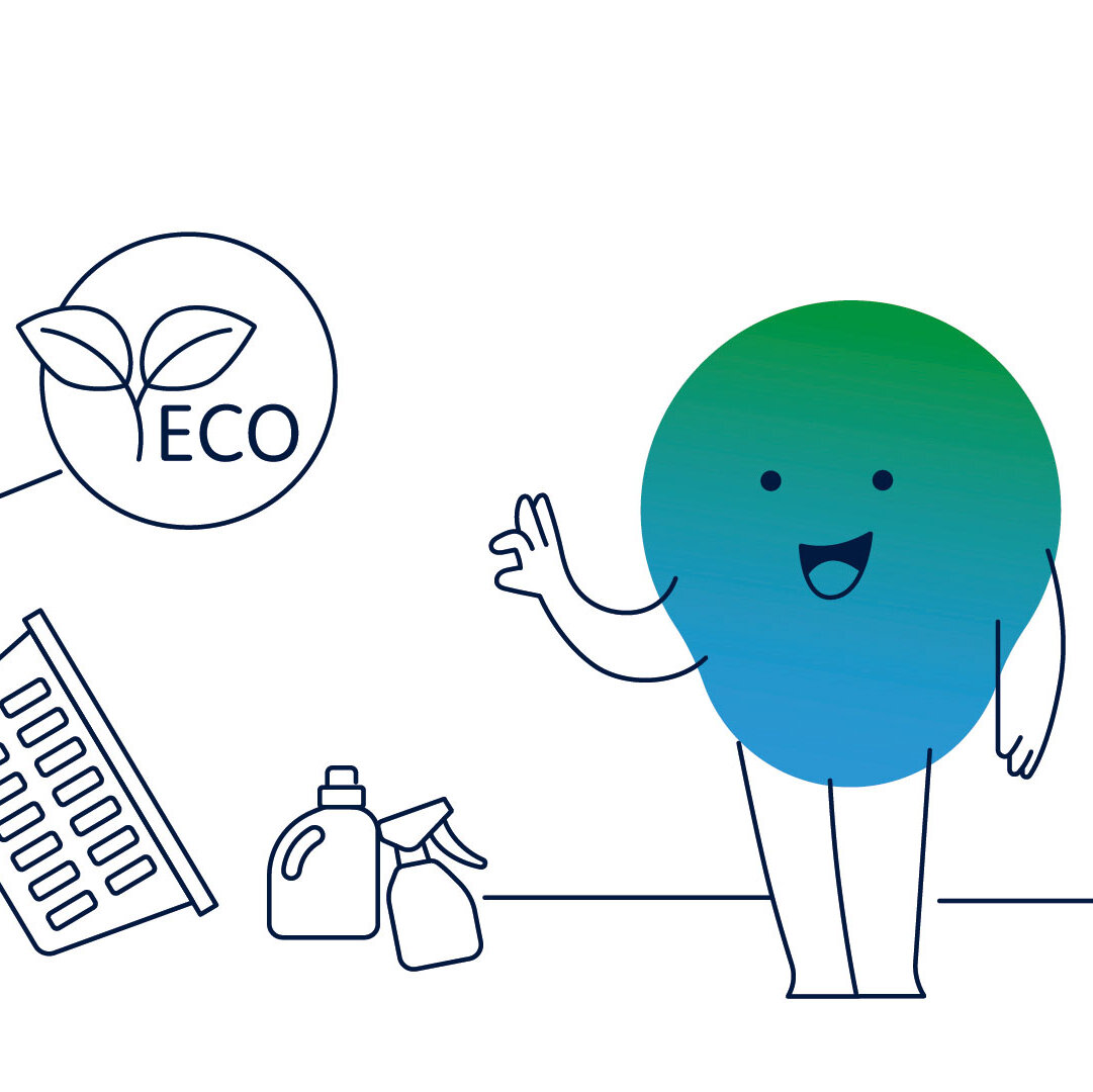 Illustration der Erklärfigur Kalle. Neben ihm steht eine Waschmaschine. Darüber sind Symbole für Eco und Wasser eingeblendet. Daneben lehnt ein Wäschekorb.