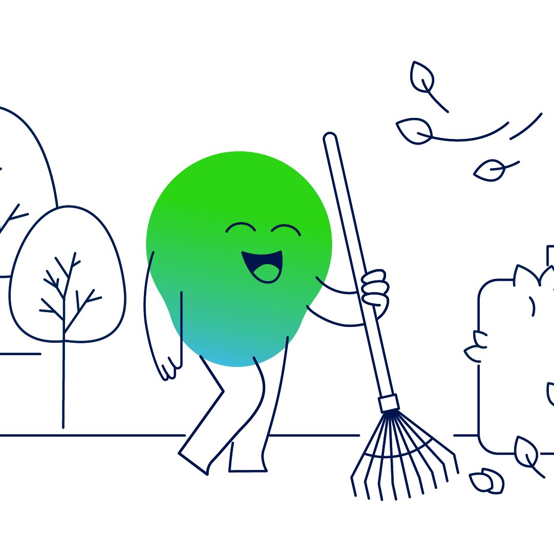 Illustration der degewo-Erklärfigur Kalle zum Thema Herbstmaßnahmen. Kalle steht draußen zwischen Bäumen und Hecken mit einem Rechen.
