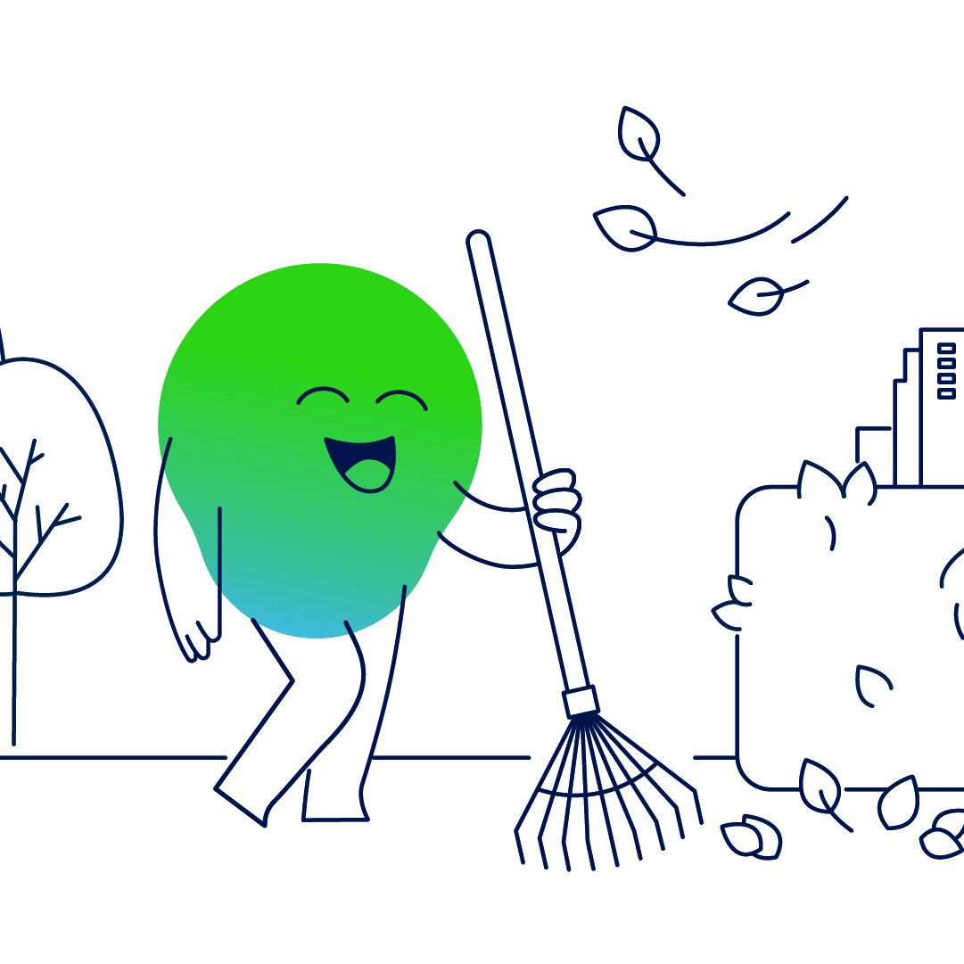 Illustration der degewo-Erklärfigur Kalle zum Thema Herbstmaßnahmen. Kalle steht draußen zwischen Bäumen und Hecken mit einem Rechen.