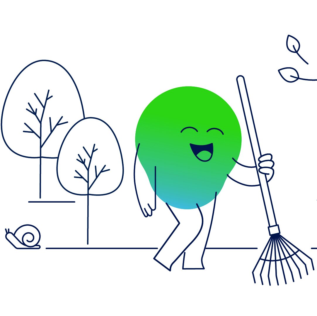 Illustration der degewo-Erklärfigur Kalle zum Thema Herbstmaßnahmen. Kalle steht draußen zwischen Bäumen und Hecken mit einem Rechen.