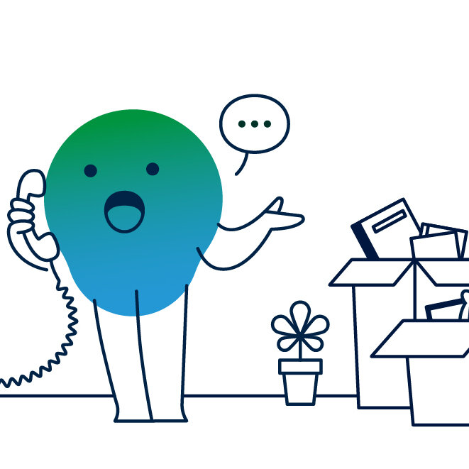 Illustration der degewo-Erklärfigur Kalle zum Thema Kündigung. Zu sehen ist Kalle, wie er telefoniert. Neben ihm stehen volle Umzugskartons.