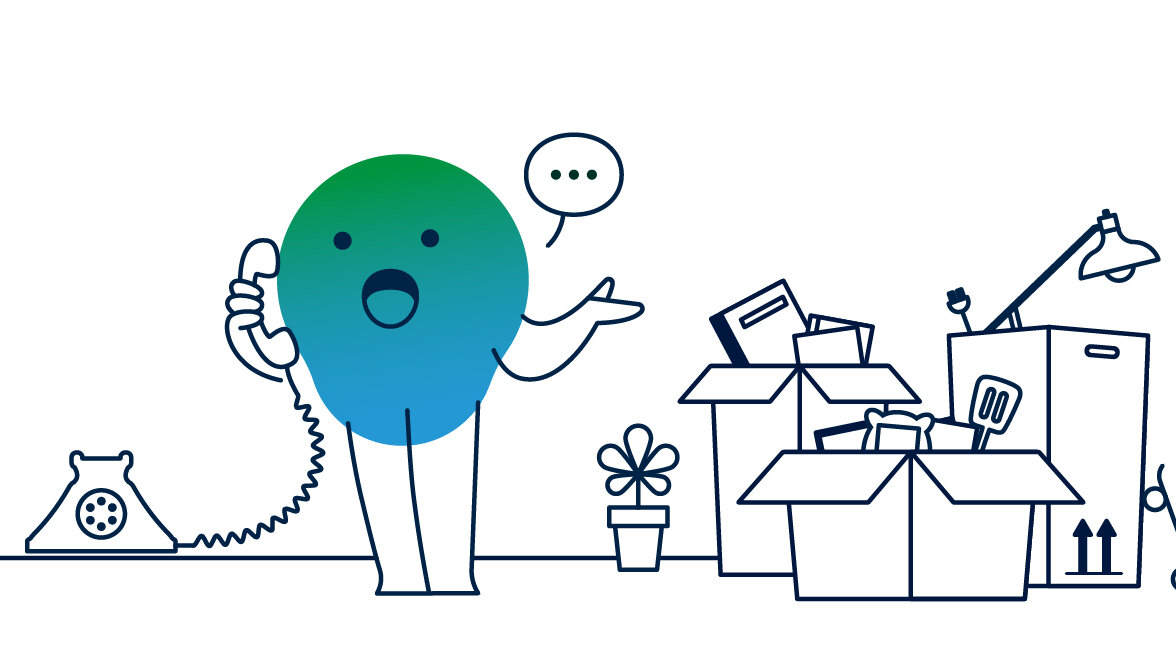 Illustration der degewo-Erklärfigur Kalle zum Thema Kündigung. Zu sehen ist Kalle, wie er telefoniert. Neben ihm stehen volle Umzugskartons.