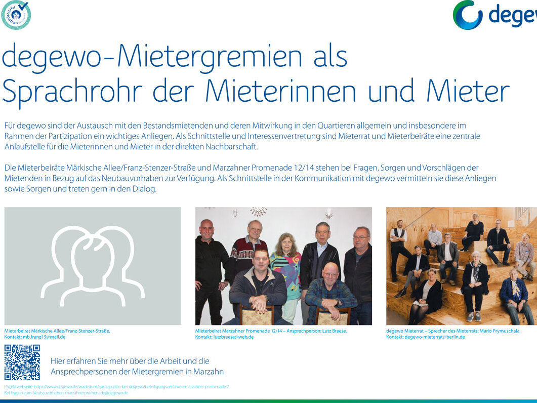 Plakat „degewo-Mietergremien als Sprachrohr der Mieterinnen und Mieter“ mit Fotos der Ansprechpartnerinnen und Ansprechpartner.