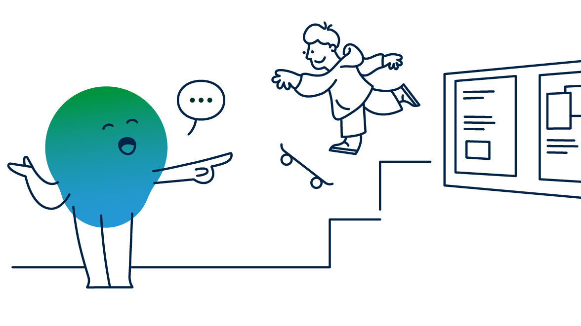 Illustration der degewo-Erklärfigur Kalle zum Thema Hausordnung. Zu sehen ist ein Treppenhaus, in dem ein Kind Skateboard fährt. Kalle verweist auf die Hausordnung am Aushang.