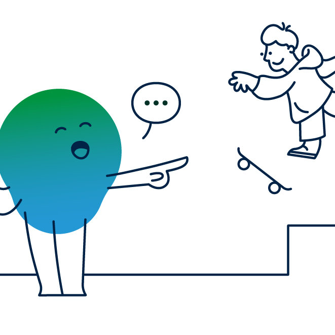 Illustration der degewo-Erklärfigur Kalle zum Thema Hausordnung. Zu sehen ist ein Treppenhaus, in dem ein Kind Skateboard fährt. Kalle verweist auf die Hausordnung am Aushang.