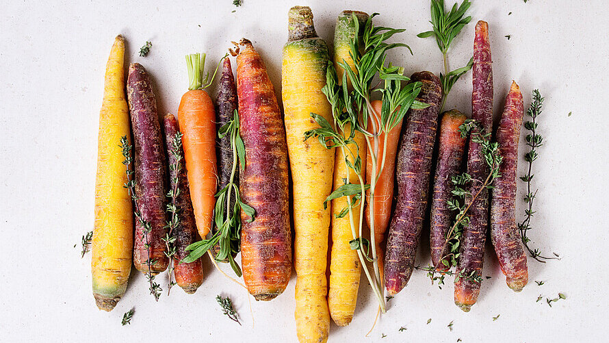 Bunte Karotten sind auf einem Tisch nebeneinander aufgereiht.