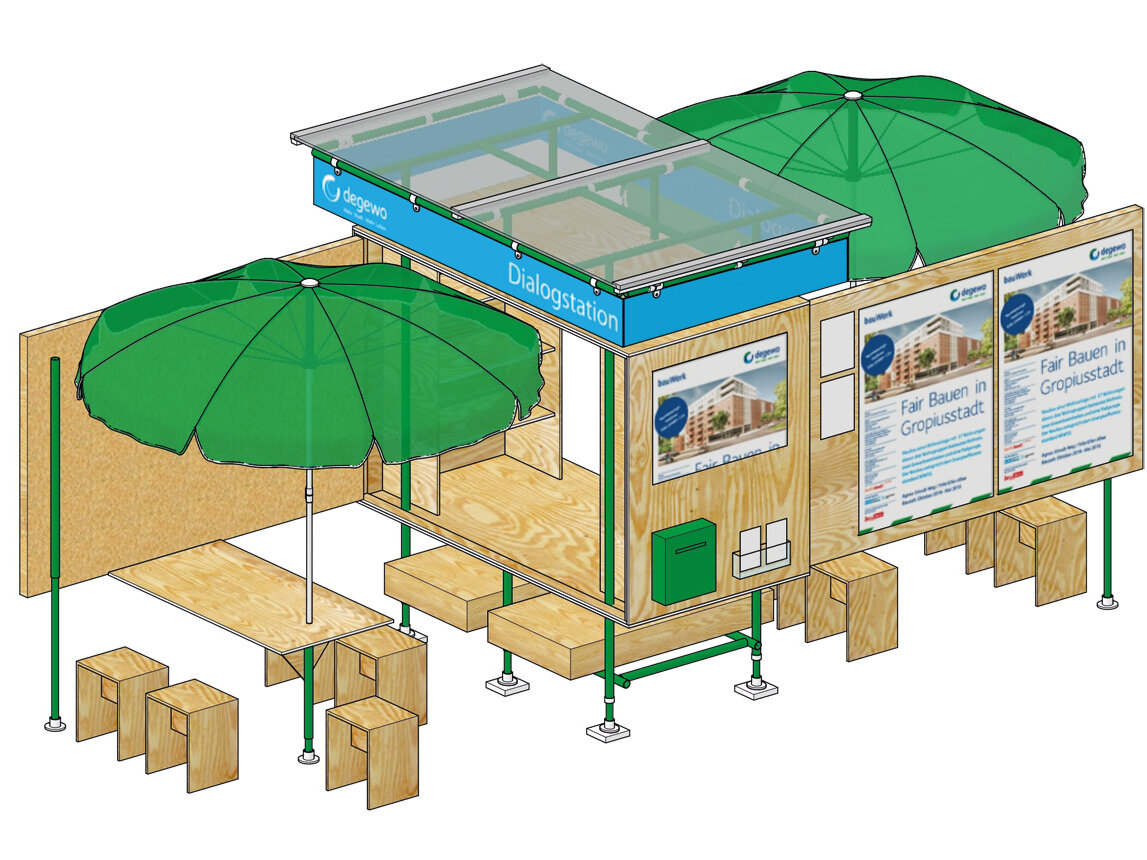 Grafik in einer Bildergalerie zeigen die degewo-Dialogstation im Werkstattmodus.