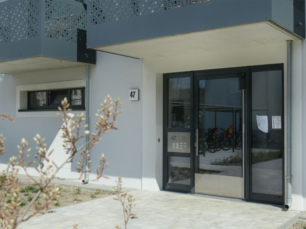 Außenansicht degewo-Neubau Rudower Straße 47: Eingangsbereich mit knospenden Zweigen links im Vordergrund.