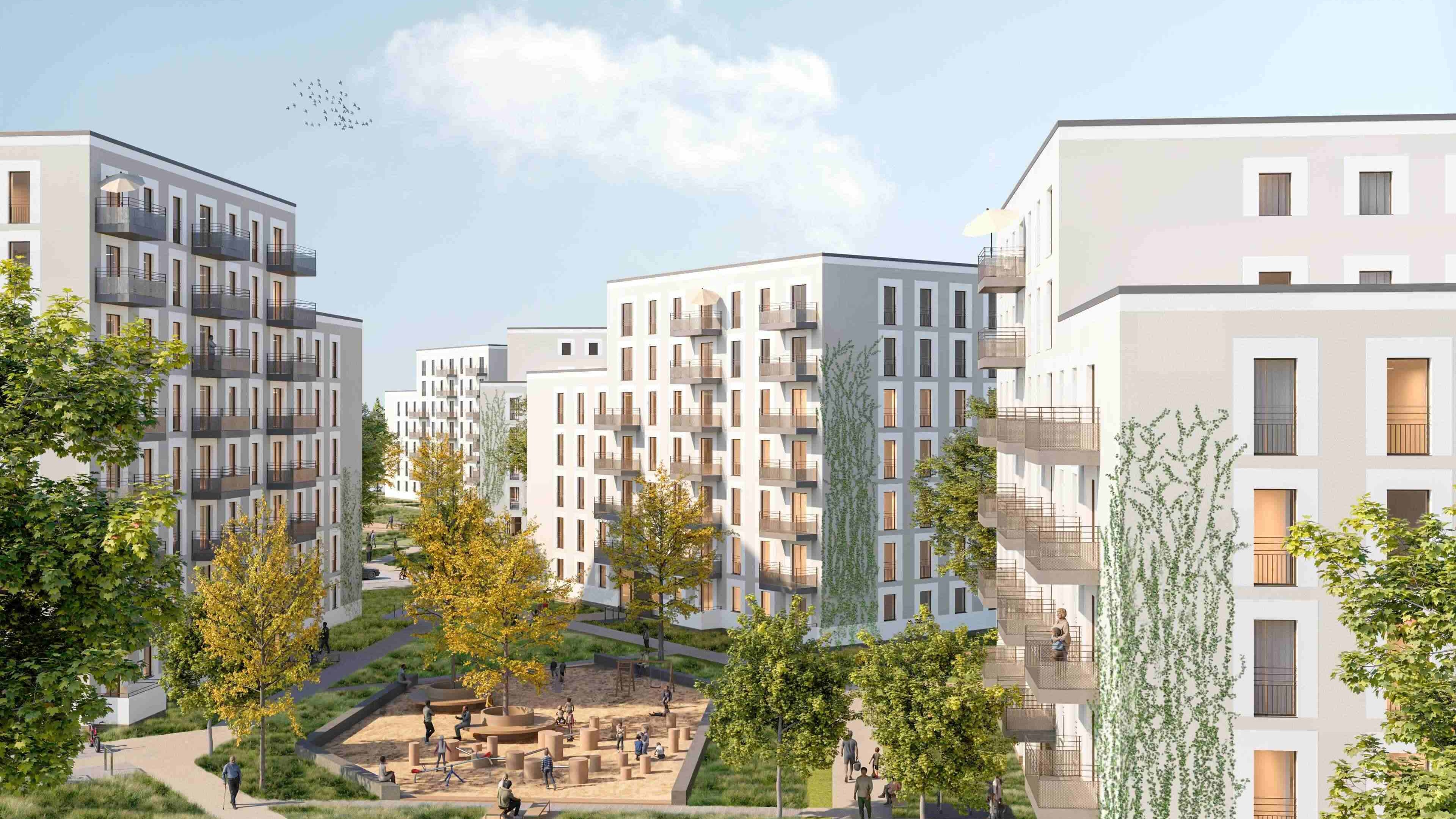 Visualisierung des Neubaus im Lichterfelder Ring. Zu sehen sind mehrere Gebäude aus der Luftperspektive, mit einem Grünstreifen und Spielgeräten dazwischen.